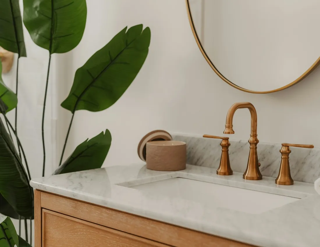 A closer view of the bathroom mirror and sink