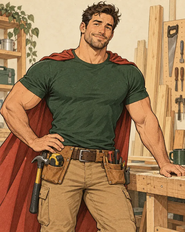 Illustrated superhero handyman with a green work shirt, tool belt and red cape; a fictional stand-in for Hayden