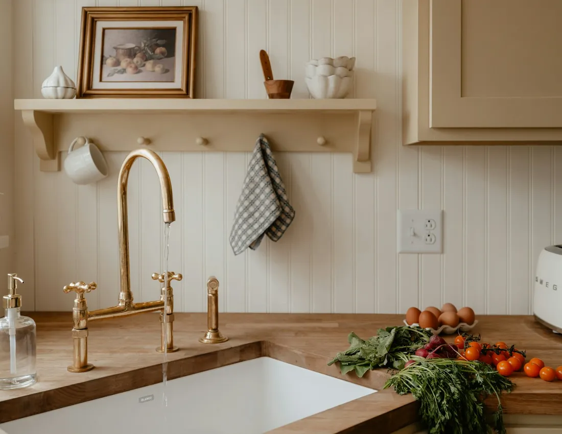 A closer view of the sink and timber worktop