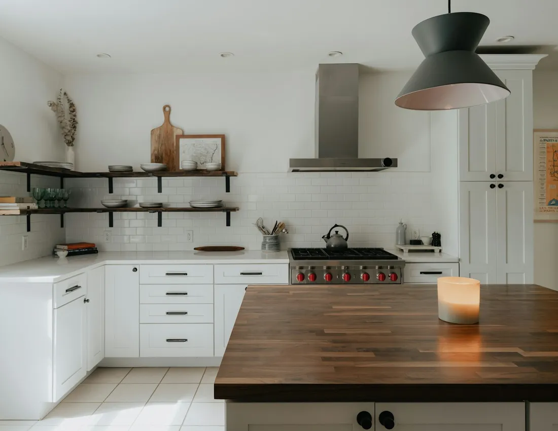 A light kitchen with timber worktops and white cupboards